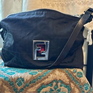 Fendi Black Zucca Shoulder Bag with Silver Accent